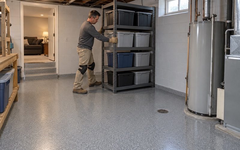 A steel shelving unit slid back against the block wall on a new gray epoxy basement floor in a DeKalb home.
