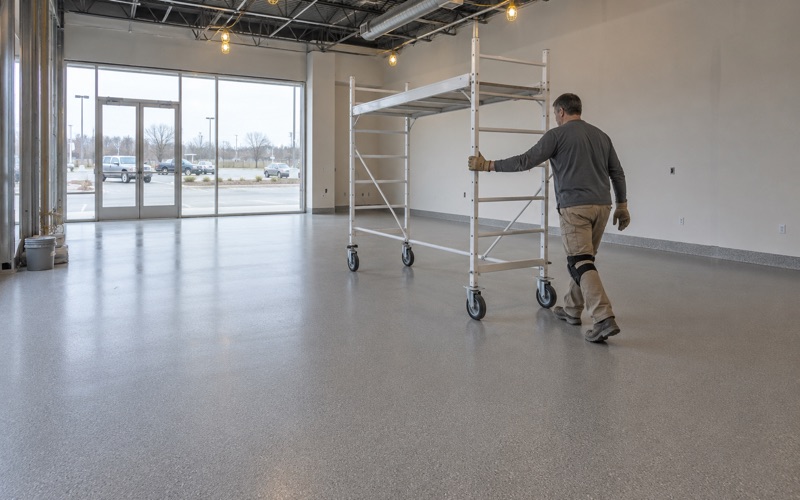 A rolling scaffold moved across a newly coated tenant space floor in a DeKalb shopping center.