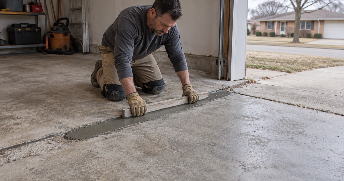 A wooden screed board drawn across a filled spall at a garage slab joint in DeKalb to check it sits flush.