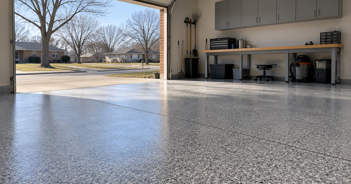 A finished gray, white and black flake garage floor in a DeKalb ranch house on a bright winter morning, the door open to the driveway.