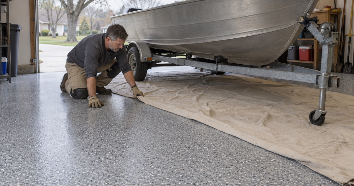 A boat stored in an Algonquin garage over a coated floor protected by a drop cloth