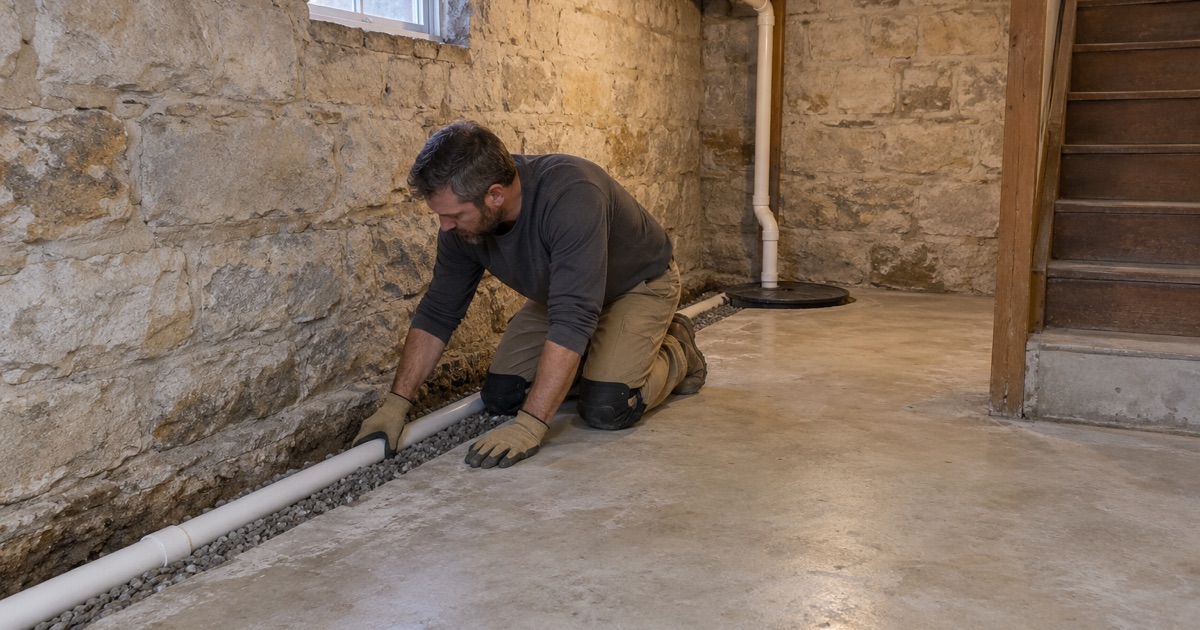 A drain pipe laid in a new perimeter trench along the old limestone basement wall of a Batavia house.