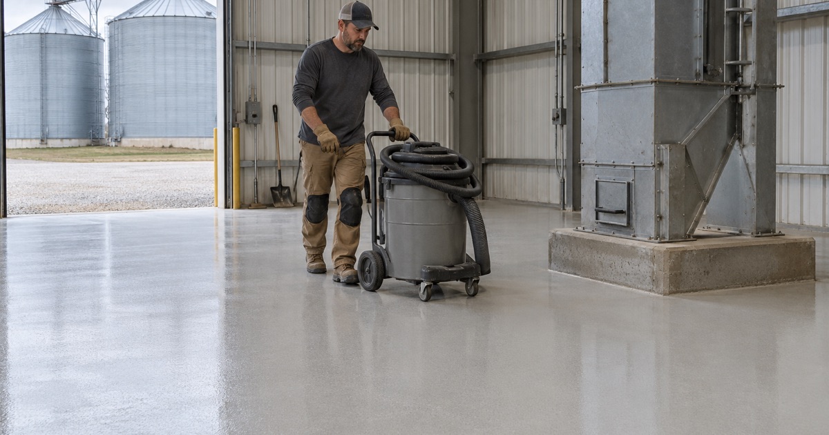 An industrial vacuum rolled across a sealed light gray floor beside a bucket elevator in a Belvidere grain warehouse.