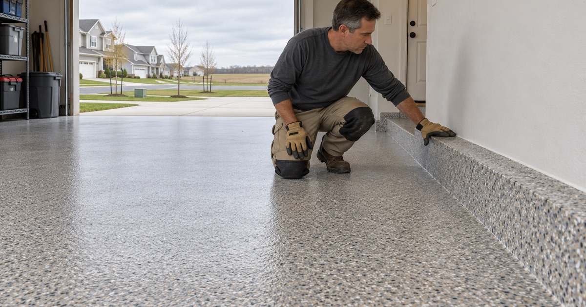 A gray flake coating carried up and over the four-inch concrete curb along the house wall of a Cortland garage.