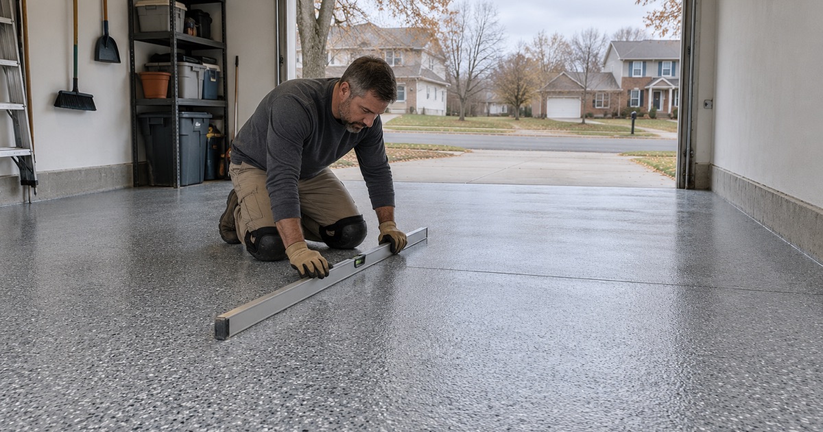 A long level laid on a coated Elgin garage floor to confirm it still falls toward the overhead door.