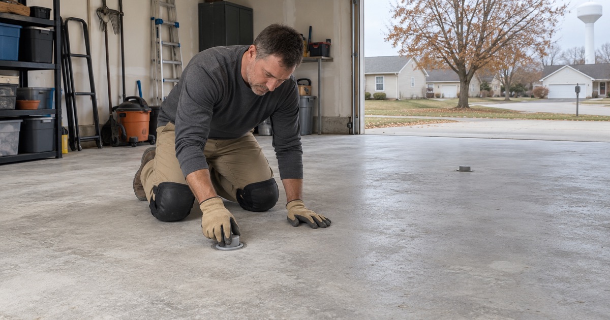 A cap pressed onto a humidity probe sleeve set into a Genoa garage slab before a topcoat is chosen.