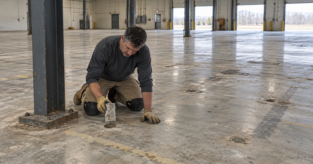 A test core lifted out of the old slab of a large former plant in Marengo while the floor is assessed for reuse.