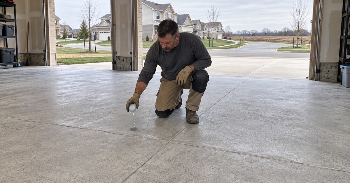A ground Oswego garage slab ready for a low-solvent coating system