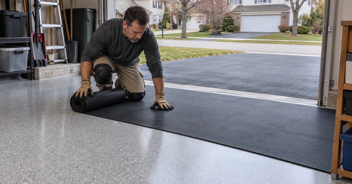 A clean, residue-free coated garage floor in Pingree Grove with a mat at the door