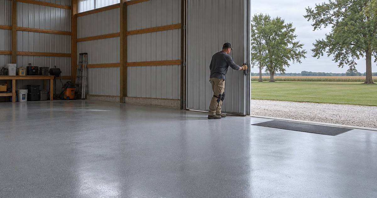 A coated slab inside a steel-sided post-frame shop near Plano