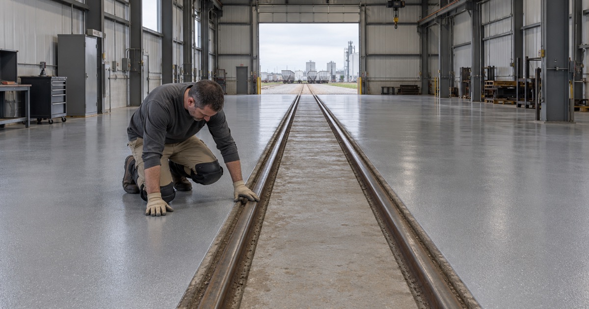 A floor coating stopped and sealed beside an embedded rail running through a Rochelle manufacturing plant.