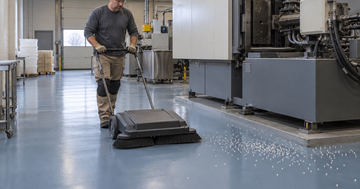A push sweeper guided toward spilled white plastic pellets on a seamless blue-gray floor in a Sandwich molding plant.