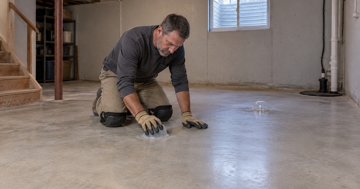 A cleaned and dried South Elgin basement slab tested for moisture before any coating