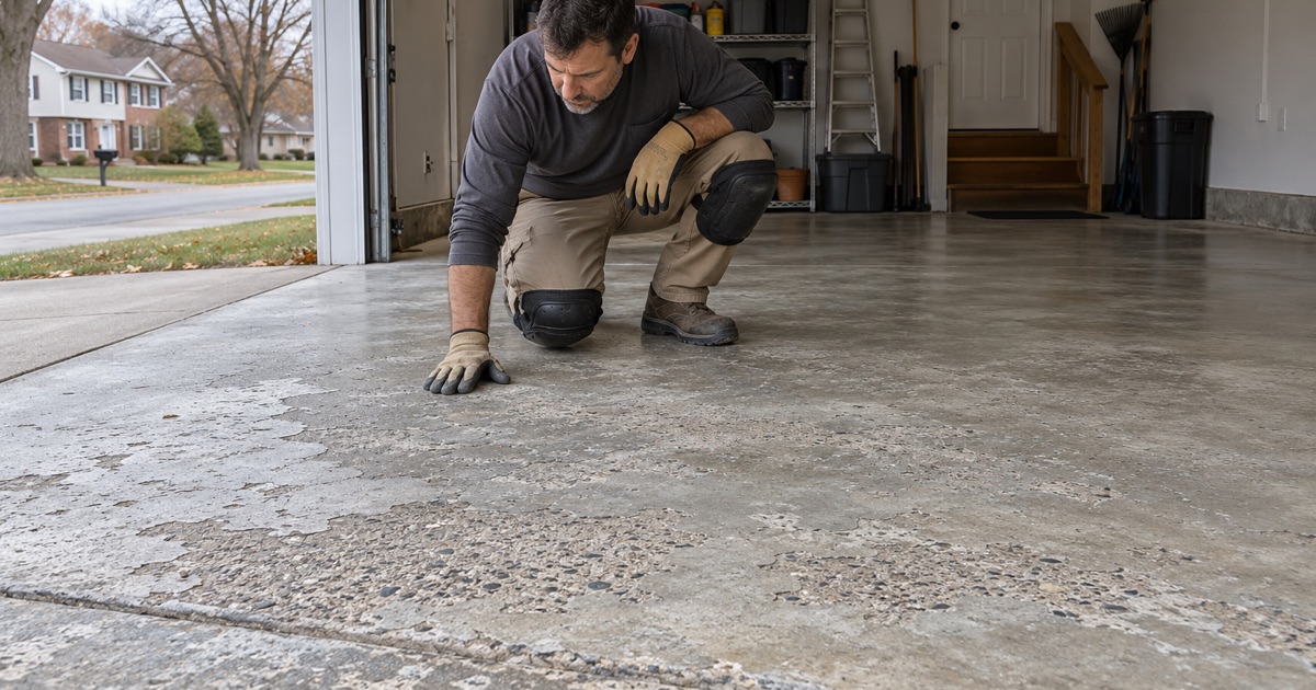 A scaled, pitted garage slab in St. Charles read by hand for whether it can take a coating or needs repair.