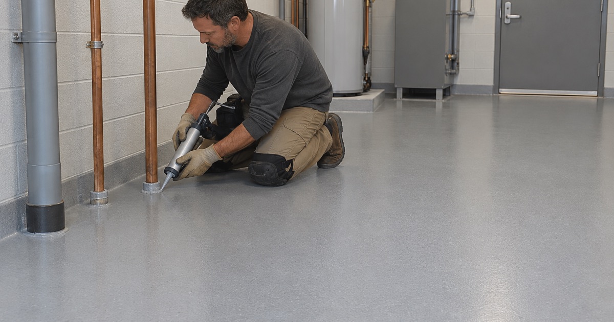 Sealant run around a pipe where it passes through a resin floor in the mechanical room of a Sycamore medical building.