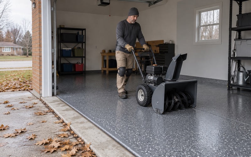 A snow blower wheeled into its corner over a new charcoal flake garage floor in DeKalb ahead of winter.