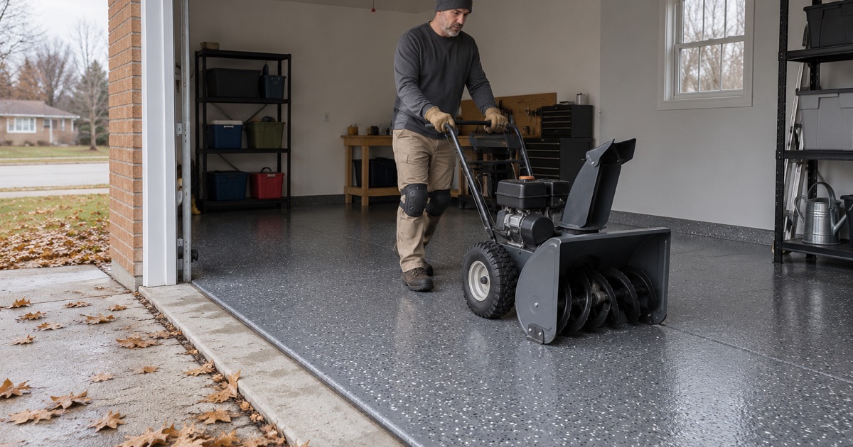 A snow blower wheeled into its corner over a new charcoal flake garage floor in DeKalb ahead of winter.