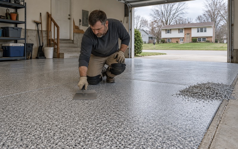 A wide floor scraper run across a set flake broadcast to knock down raised chips in a DeKalb garage.