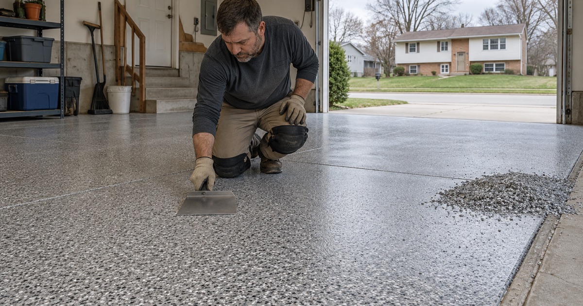 A wide floor scraper run across a set flake broadcast to knock down raised chips in a DeKalb garage.