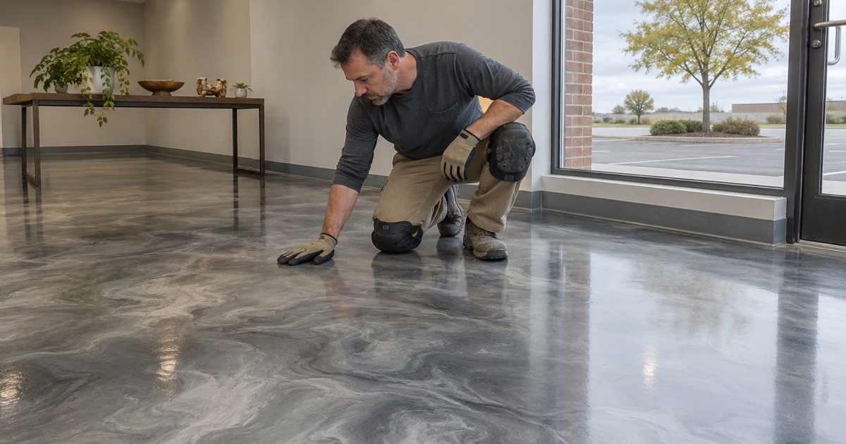 A finisher’s flat palm on a cured silver and charcoal metallic epoxy floor in a DeKalb showroom.